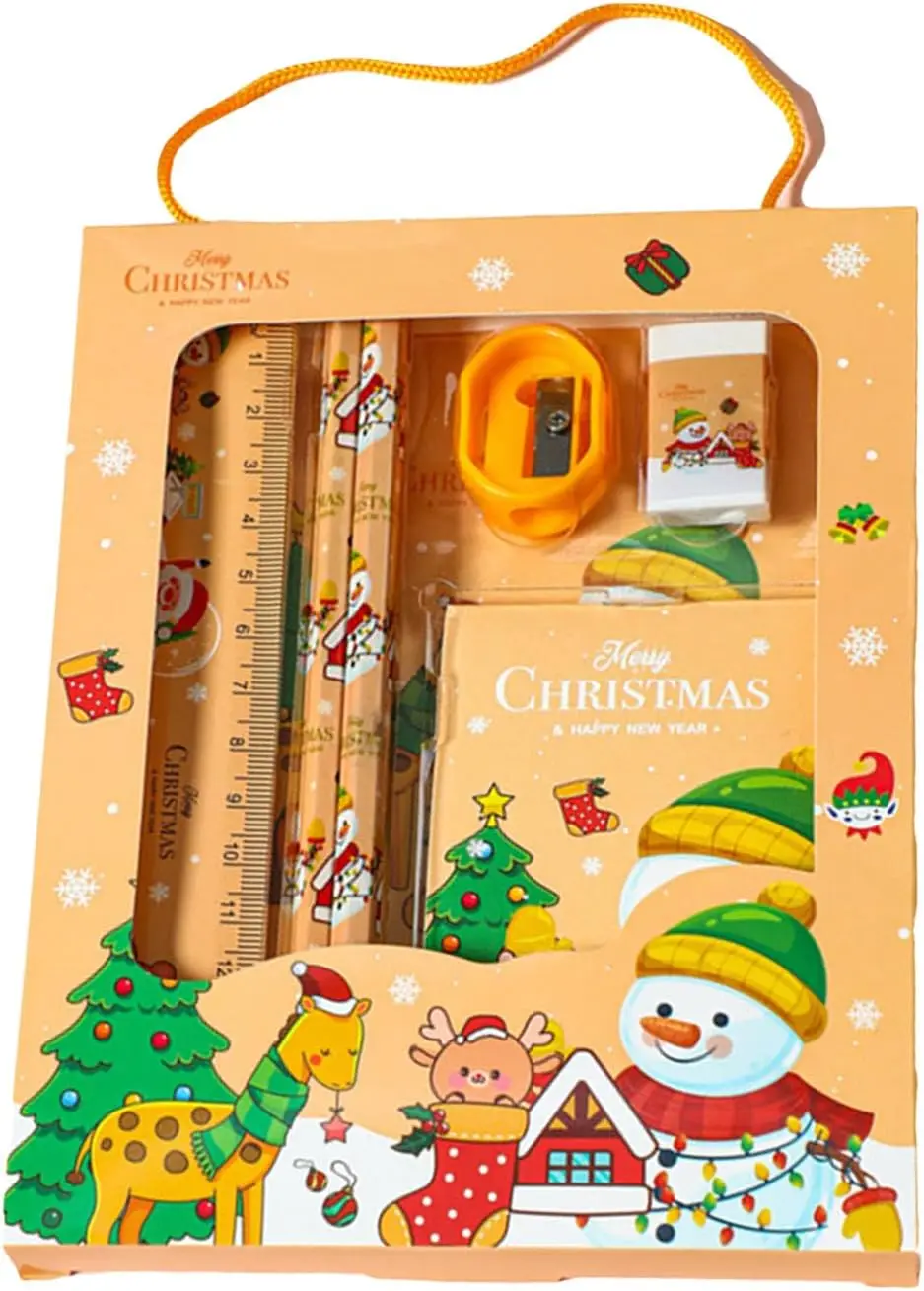 6PCS Christmas Stationery Gift Set Christmas Goodie Bag Fillers Include Pencil Eraser Ruler Sharpener Christmas Decoration