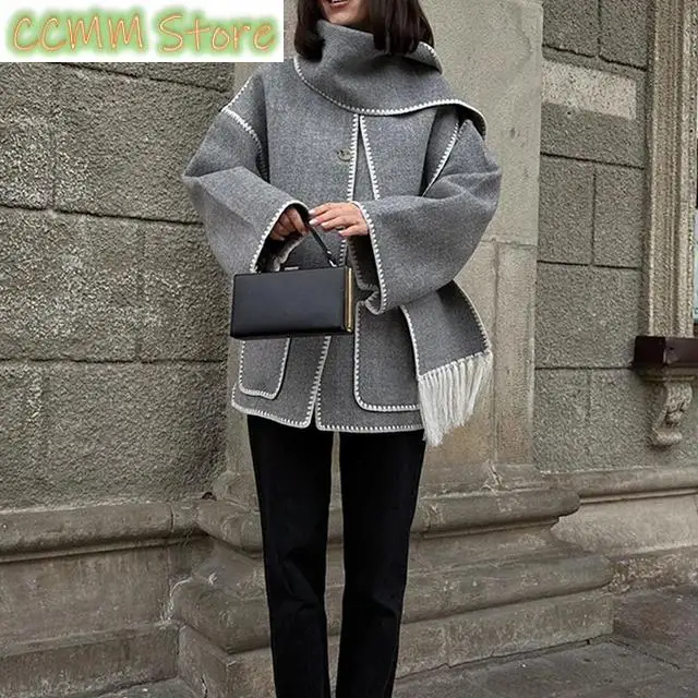 Hepburn Style Women Tassel Woolen Cape Coat With Scarf Retro Patchwork Long Sleeve Loose Outerwear Jacket Female Casual Overcoat