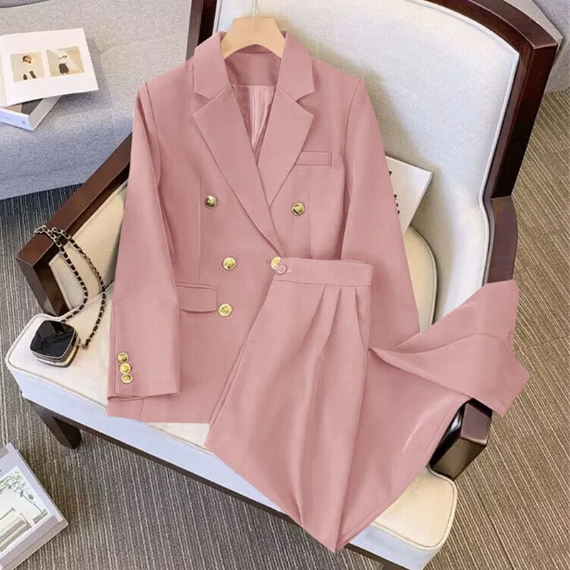 Women Formal Coats Pants 2 Pieces Set Spring Autumn Office Lady Graceful Pure Color Double Button Blazers Trousers Outfits 2023