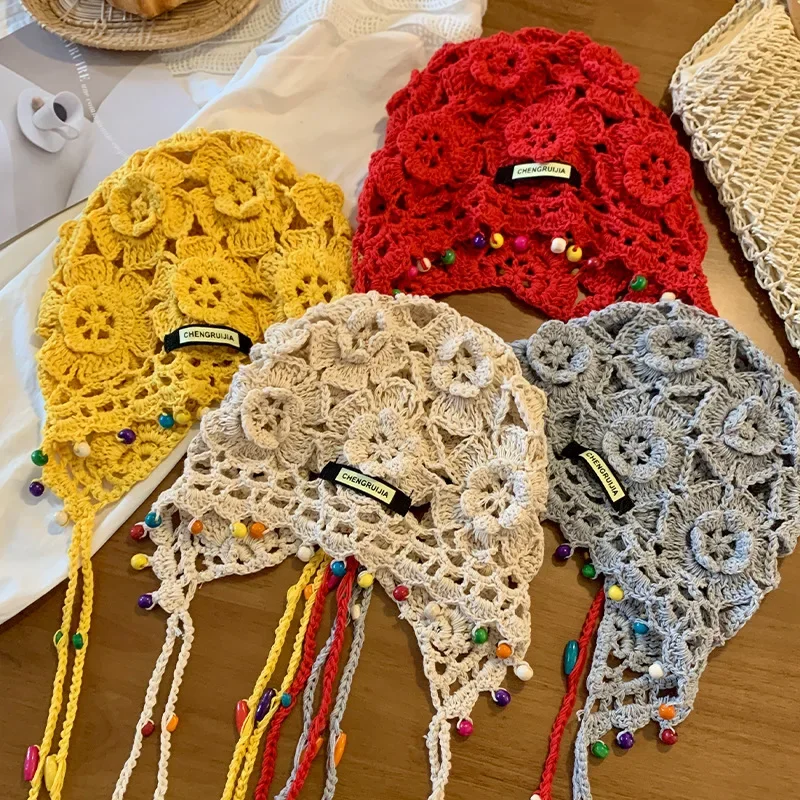 Handmade Crochet Hat Y2k Fashion Hollow Beanie Hat Cap with Beads Tassle Thread Knitting Thin  Baotou Hat for Decoration Japan 6