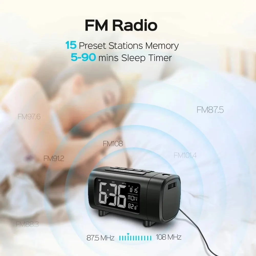 180° Projection Alarm Clock Radio Function Snooze Mode Electronic Digital Alarm Clock USB Charging Bedroom Bedside Table Clock 5