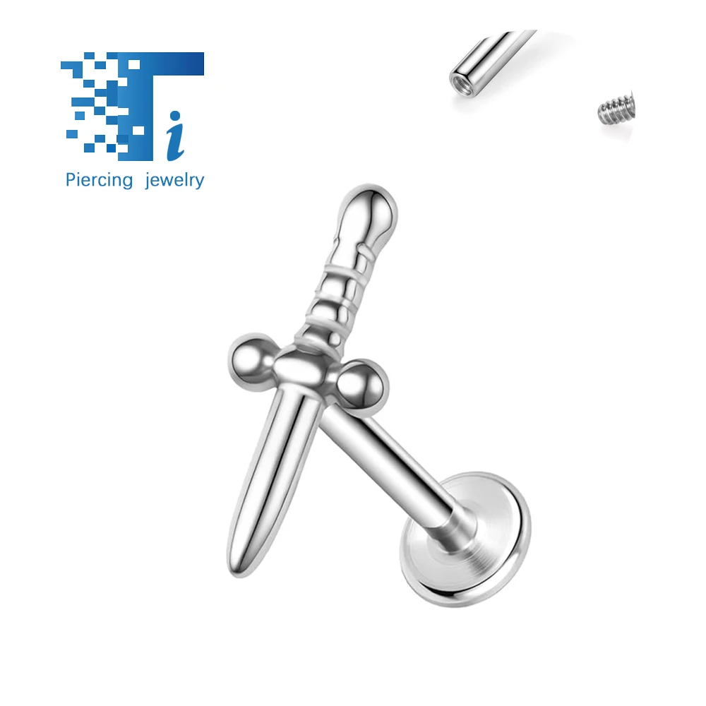 F136 티타늄 소드 귀걸이 무기 립 스터드 티타늄 합금 바디 피어싱 쥬얼리 단검 이어 본 스터드 이어 쥬얼리
