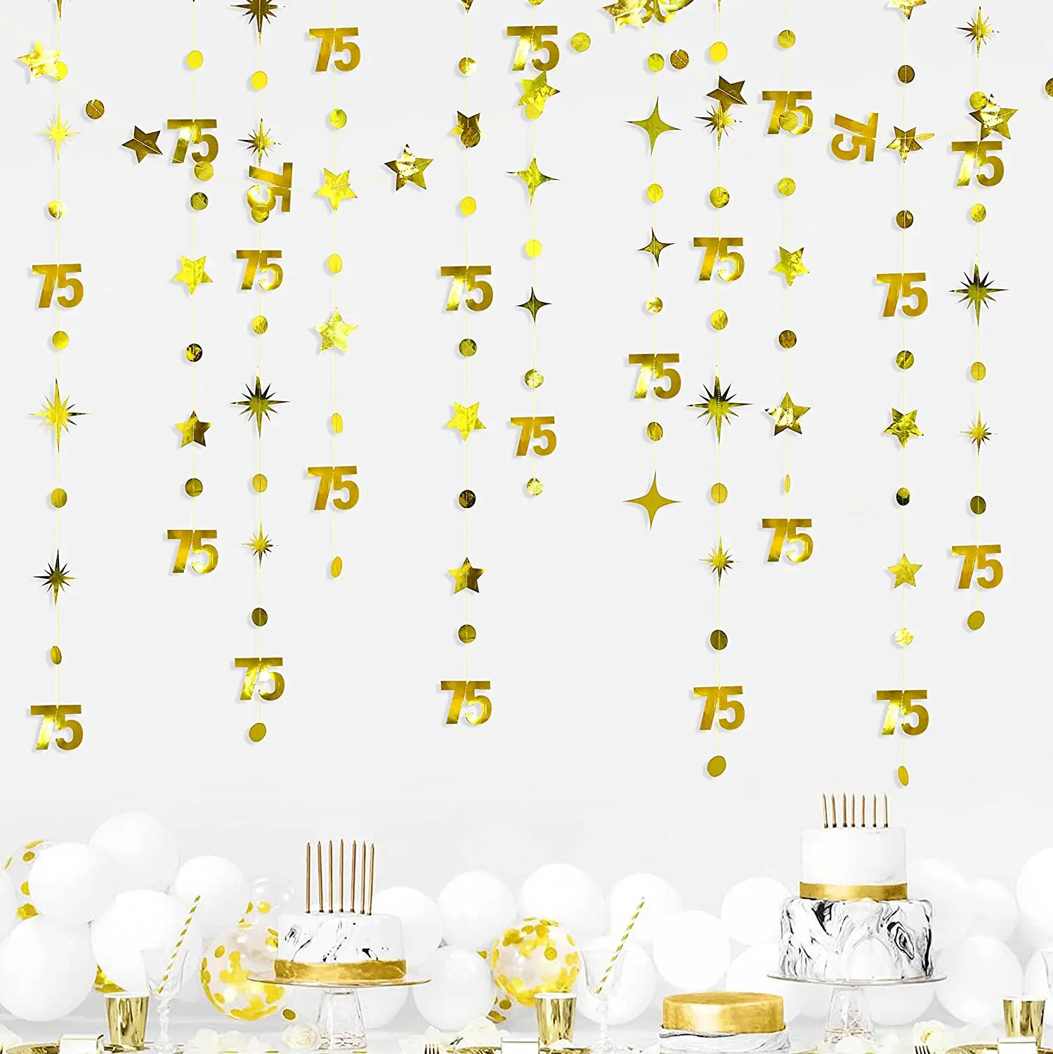 Oro Buon 75 ° Compleanno Decorazione Numero 75 Cerchio Dot Scintillio Stella Ghirlanda Appeso Streamer Sfondo Per 75 Anni Compleanno