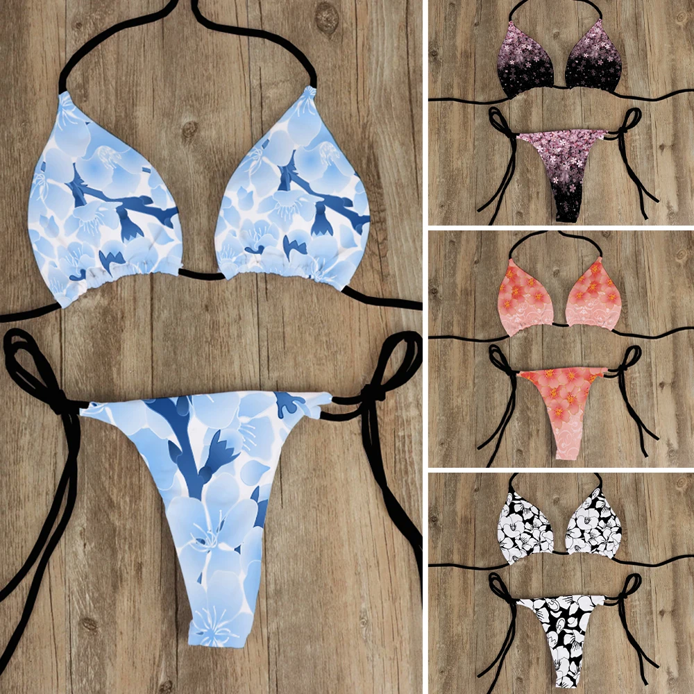 New Bikini Set Women Sweet Cherry Blossom Fashion Swimsuit Two-piece deep V Backless Low Waist Sexy Beach Bikini Travel Vacation