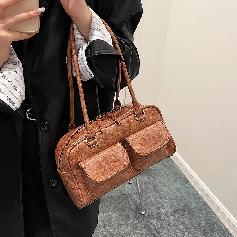 KK 2024 New Brown Palm Double Pocket Women's Multi functional Single Shoulder Underarm  luxury leather bag