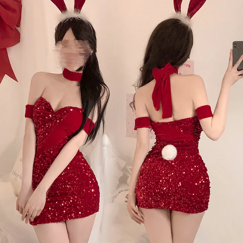 

Erotic Girls Bunny Costume Red Velvet Sequin Strap Dress Rabbit Roleplay Exotic Set Christmas Santa Lingerie New Year Lover Gift