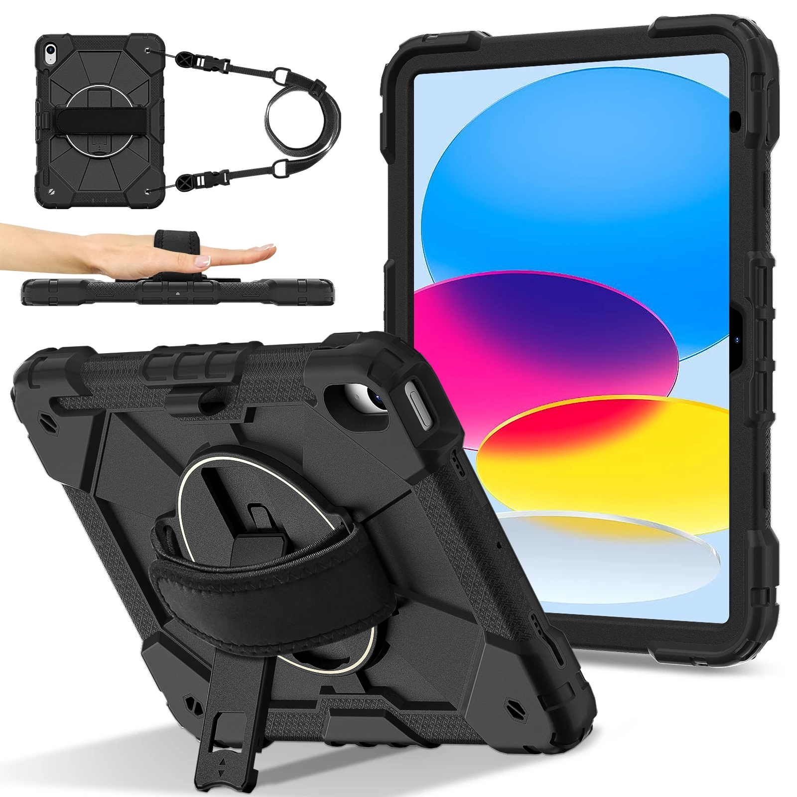 360 Rotatable Universal Protective Case for Tablets with Hand and Shoulder Strap - 3-Layer Hybrid Cover, 11-Inch