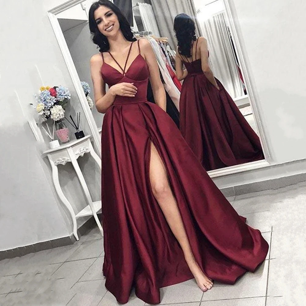 

Modern Red Sexy V-Neck Evening Dresses Spaghetti Strap Draped Satin Ball Gowns A Line Side Slit Woman's Formal Bride Beach Party