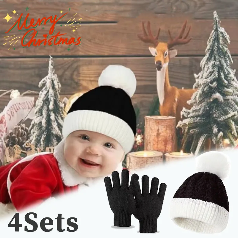 4Sets Christmas Decoration Children's Wool Ball Knitted Warm Hat Hat Gloves Two Sets of Winter Thickened and Velvet Pullover
