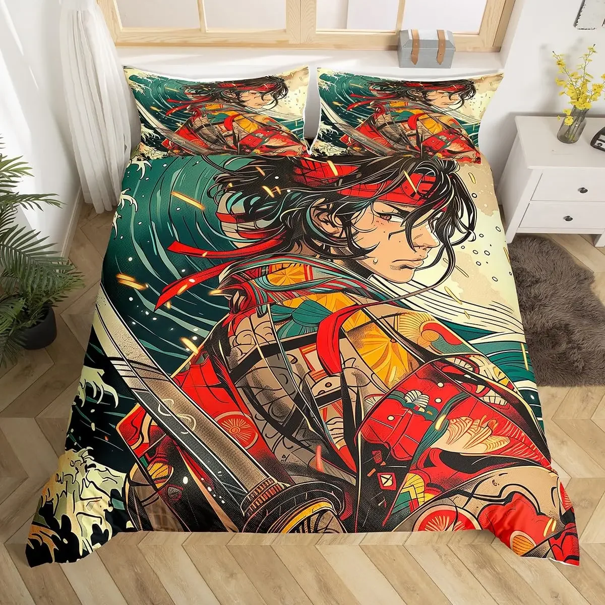 Japanese Samurai Bedding Set Full Size Cherry Blossoms Comforter Cover Red Sun Hokusai Duvet Cover Fuji Mountain Quilt Cover