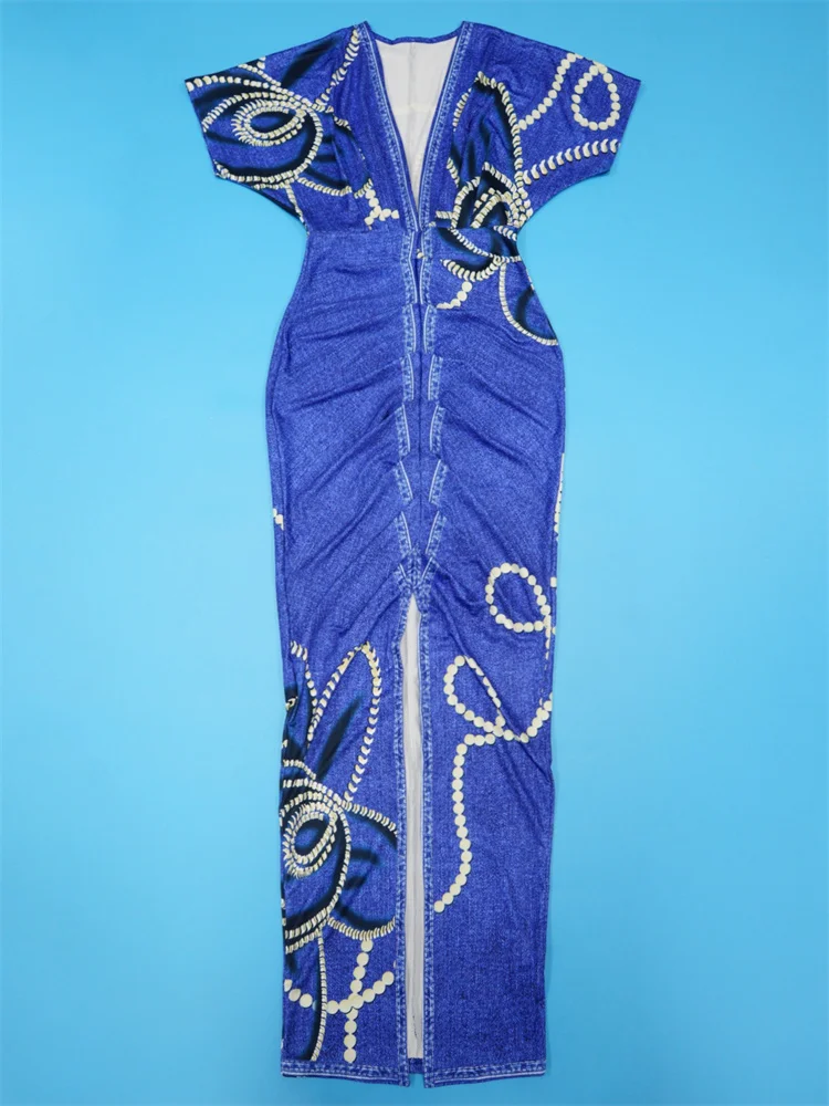 Wmstar Dresses Women Wholesale Deep V Neck Sexy Bodycon A New Short Sleeve V Neck Fitted Printed African Fashion Women's Wear