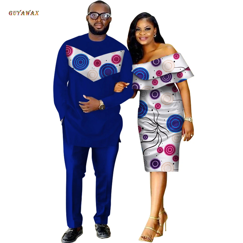 2 Piece Set African Dashiki Print Couple Clothing for Lovers Men Top