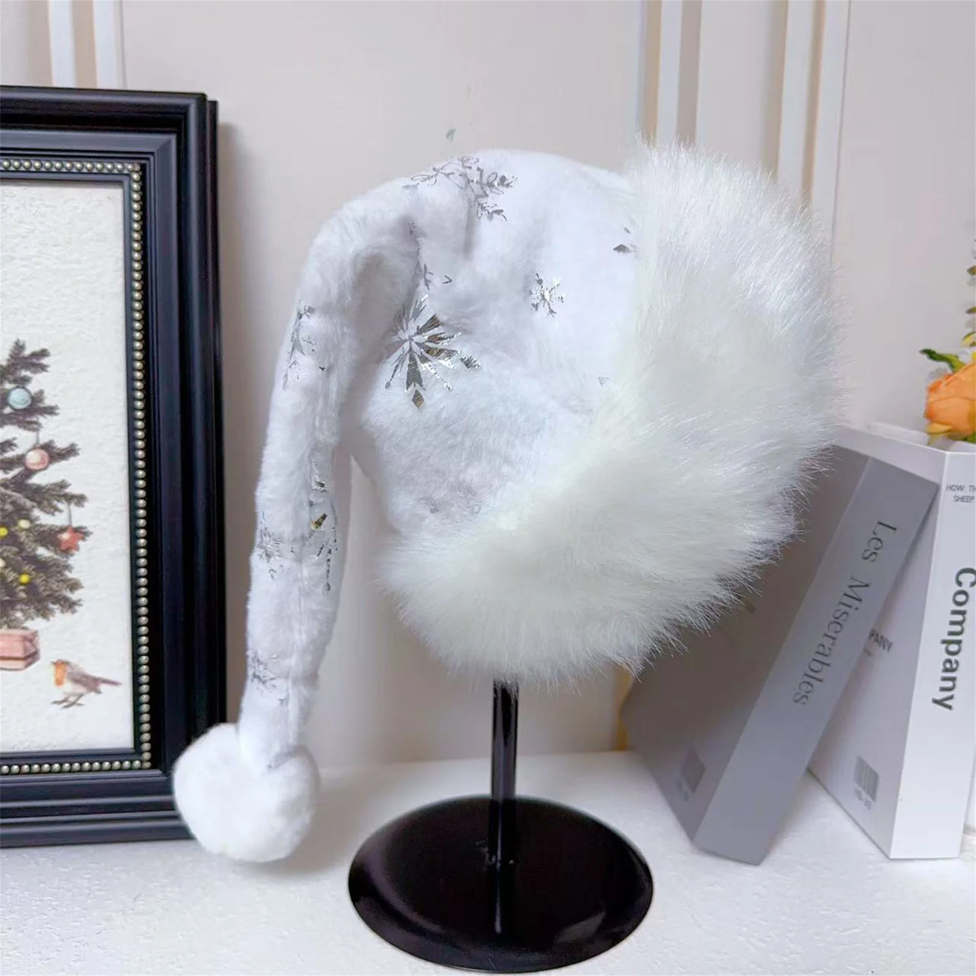 White Plush Christmas Hat with Sequin Snowflakes and Puffy White Trim Warm Santa Cap for Women