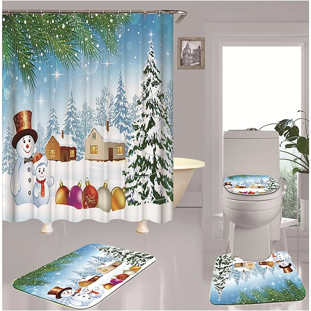 

Winter Snowflake Christmas Shower Curtain Sets Cute Snowman Log Cabin Cedar Tree Bathroom Non-Slip Rug Toilet Lid Cover Bath Mat