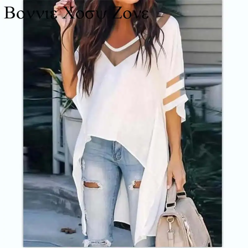 

Women Summer Contrast Sheer Mesh Half Sleeve Batwing Sleeve High Low Hem Top Basics Casual Blouses