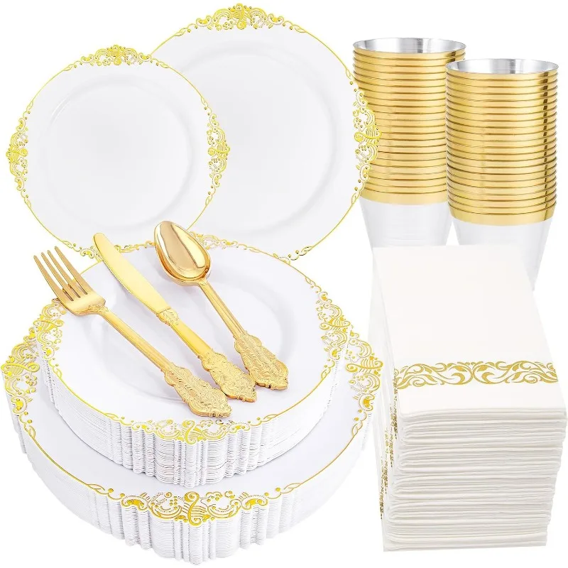350PCS White and Gold Plastic Plates & Gold Plastic Silverware&Disposable Dinnerware Set-Include 50Dinner Plates