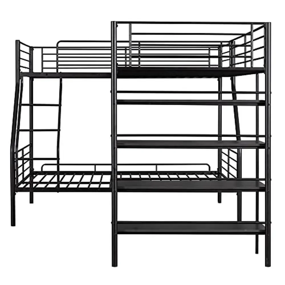 L Shaped Metal Corner Bunk Bed with Loft Built in Shelves Twin Over Full No Box Spring Needed 117.2 L x 77.5 W x 62.9 H