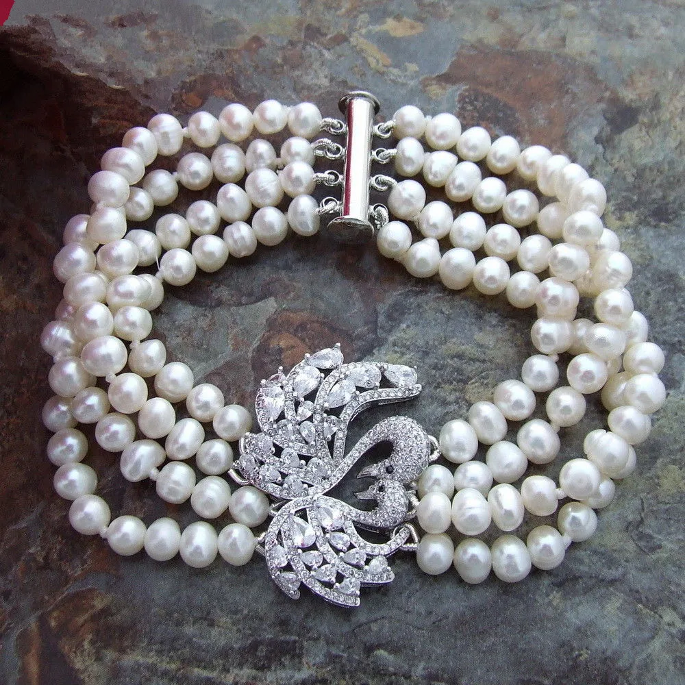 

New Fashion contracted Natural Freshwater White Pearl Bracelet 8" 4 Strands CZ connector