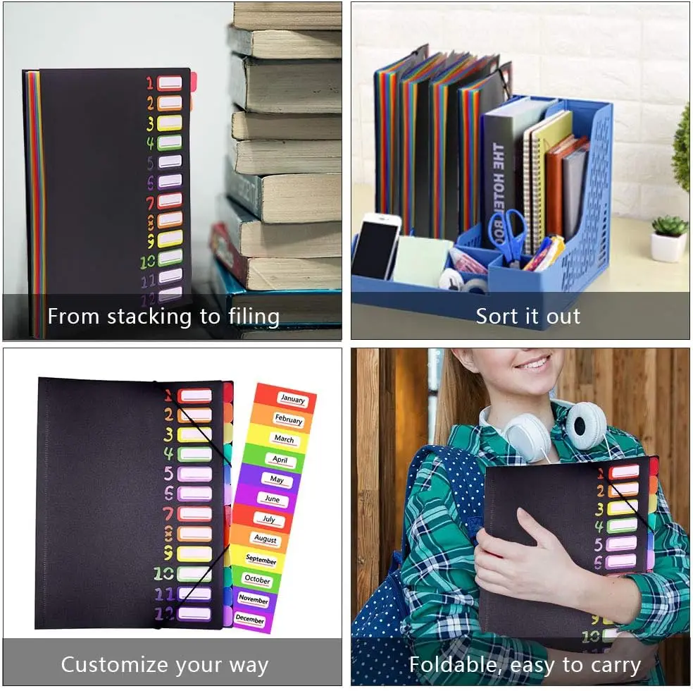Rainbow Tab Expanding File Folder 24 Pockets Durable A4 Letter Size Organizer Water-Resistant Plastic Dividers