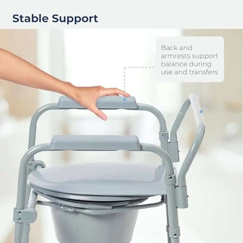 Portable Folding Bedside Commode Chair 350lb Capacity 3-in-1 Toilet Safety Frame Bucket Included Easy Assemble Steel Grey 4