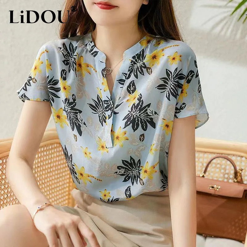 Summer Casual Fashion Floral Popularity Tops Women V-neck Short Sleeve Casual Pullovers Print Chic Loose Buttons Lady T-shirts white cotton spandex jeans women hole at thigh bias buttons up placket high waist slim fit skinny legs fashion korean lady jeans