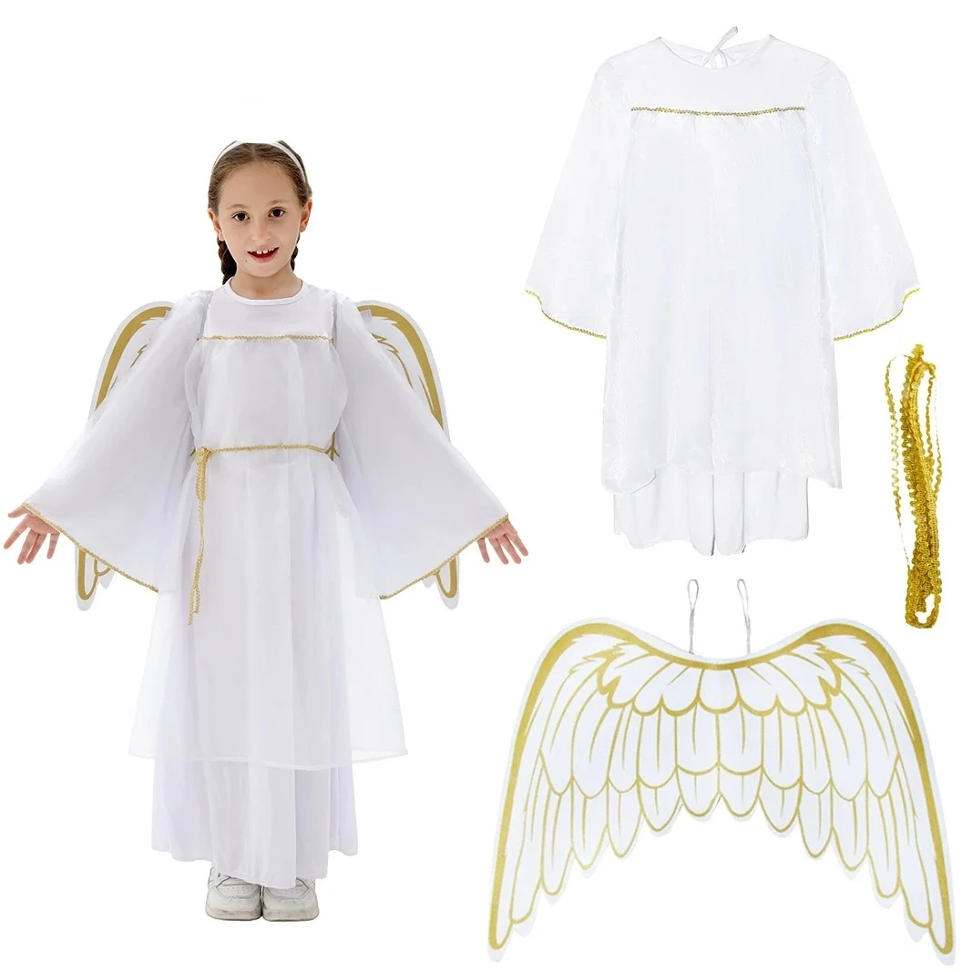 Girls Clothes Angel Costume Outfits Halloween Theme Party White Greek Toga Fancy Dress with Wings Headband Dress Up Clothing Set