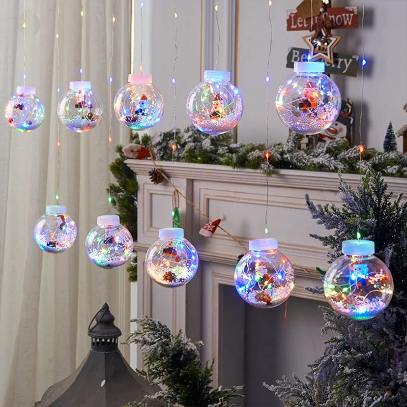 8 Mode Christmas Wishing Ball String Lights, 9.84ft 10 Lights Xmas Santa, Snowman, Curtain Lights for Home Window Ornaments 6