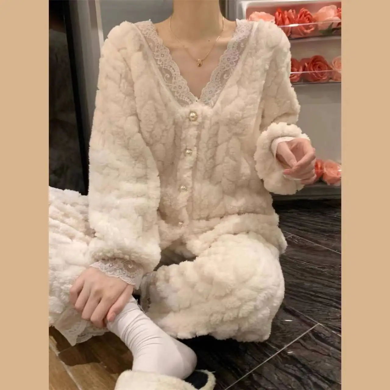 

Autumn Winter Women Sleepwear Coral Velvet Pajamas Sets Cardigan Pant Two Piece Kawaii Clothes Loungewear Warm Flannel Nightwear