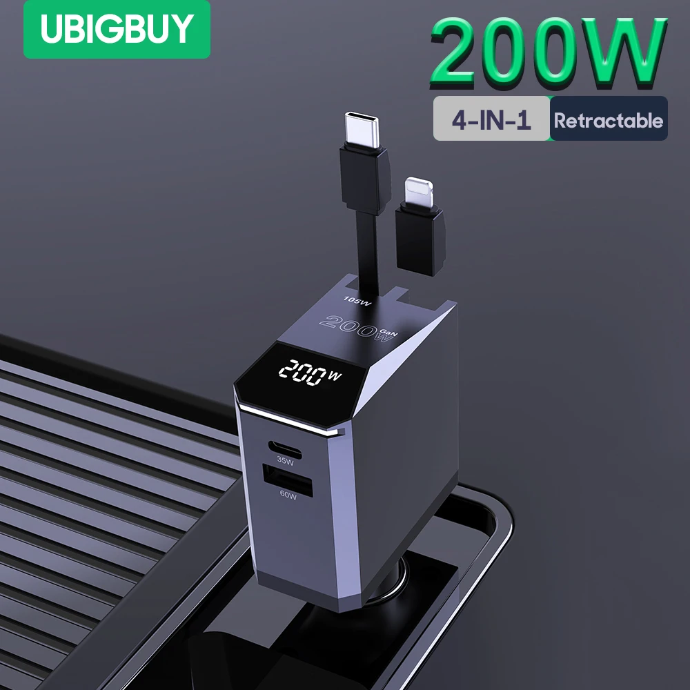 Ubigbuy Car Charger Retractable Fast Charging For iPhone Samsung