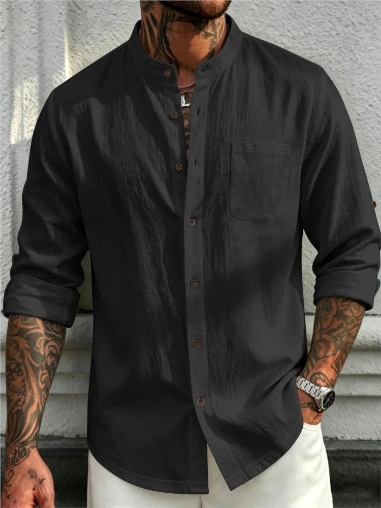 Cotton Linen Shirts for Men Premium Stand-Collar Henley Lightweight Breathable 5