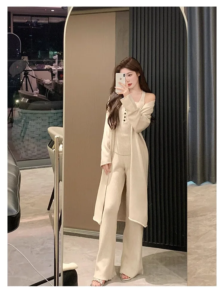 Conjunto de 3 piezas de punto para mujer, chaleco con cuello halter, cárdigan largo, pantalones largos, ropa informal lisa de moda coreana, otoño e invierno, nuevo