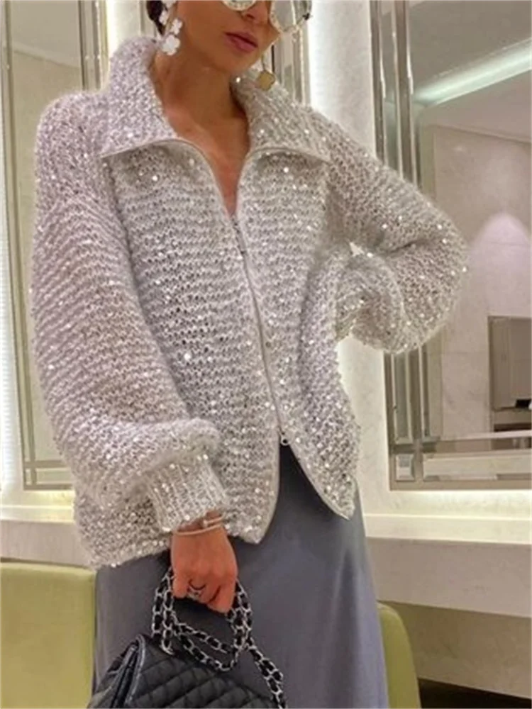 Wmstar New Women's Sweater with High-end Temperament Small Fragrance Comfortable Sequin V-neck Sweater Wholesale Dropshipping