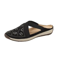 Sandales pour femmes, mules et sabots d'été antidérapants en toile, ornées de diamants, chaussures de plage à bout ouvert, style romain, talons plats pour femmes 4