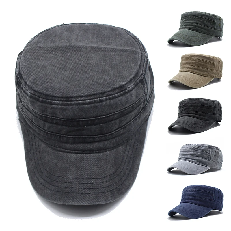 Fishing Hat Flat Cap Flat Vintage Cap Washed Cotton Flat Top Military Cap for Women Men Outdoor Fisherman Retro Army Hats Classic Denim Adjustable Sun Hat