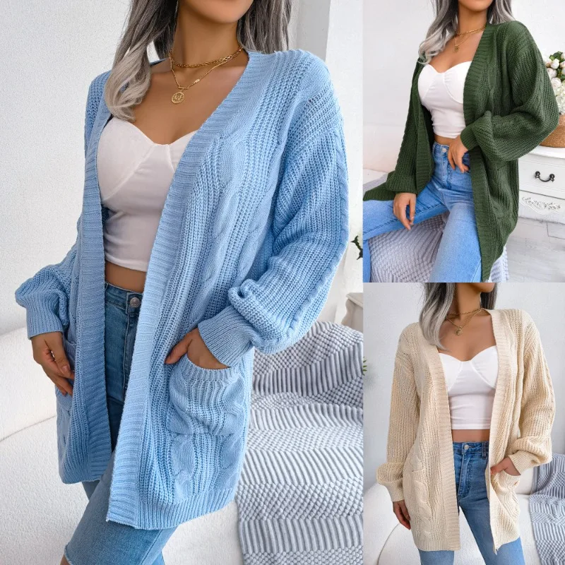 

Autumn and winter twist lantern sleeve leisure pocket cardigan sweater coat explosions women's wear