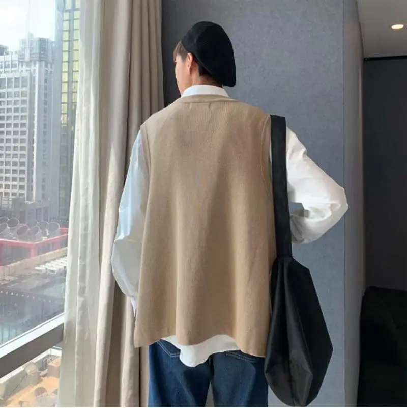 Autumn Youth Fashion Lndividuality Trend Loose Versatile Outwear Round Neck Solid Color Cool Sleeveless New Jersey Sweater Vest