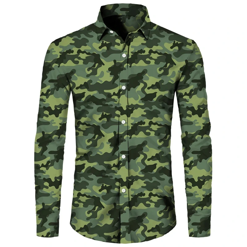 thumbnail image 1 of Camisa de primavera y otoño más nueva para hombre, camiseta de manga larga con estampado 3D de camuflaje, camisa informal con cuello vuelto y botones, camiseta para hombre y mujer, 1 of 5