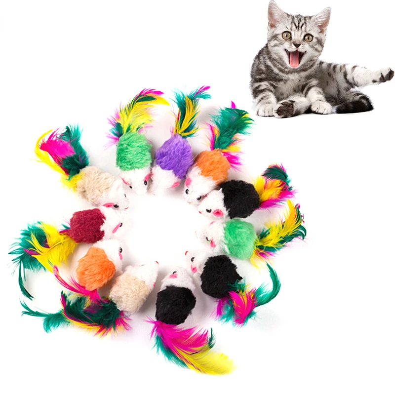 

Cute Mini Soft Fleece False Mouse Cat Toys Colorful Feather Funny Playing Training Toys For Cats Kitten Puppy Pet Supplies