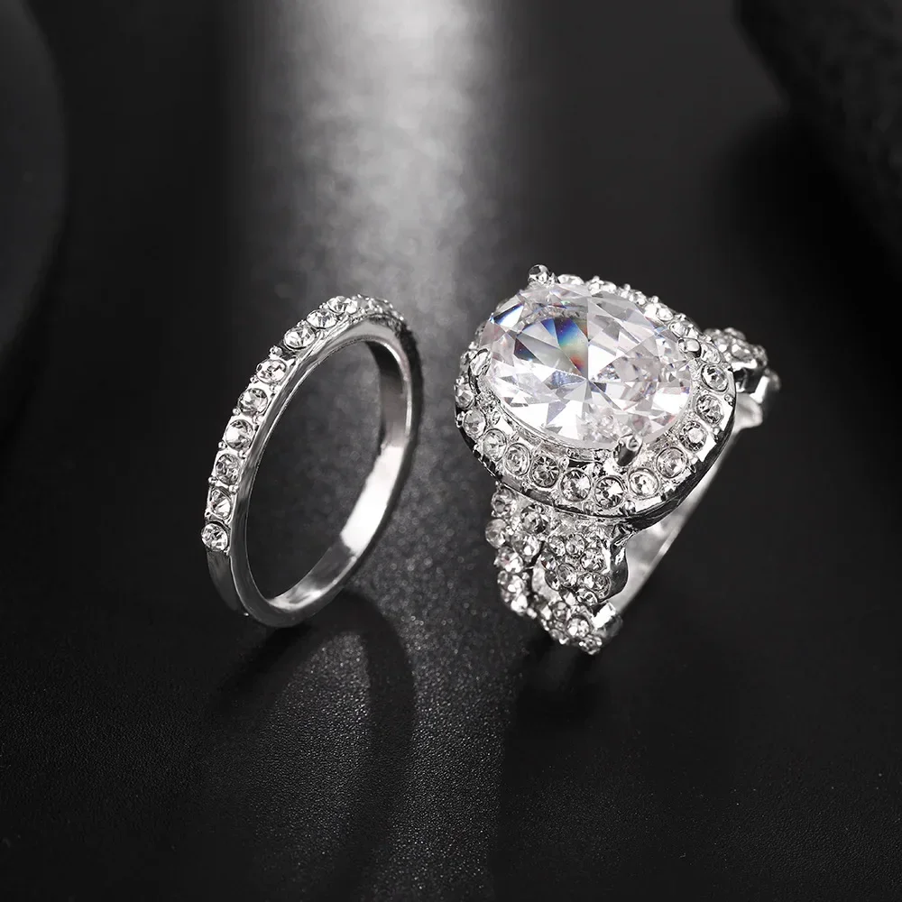 2 PCS/SET Exquisite Geometric Crystal Zircon Rings Set for Women Engagement Jewelry Party Wedding Hand Female Ring Accessories