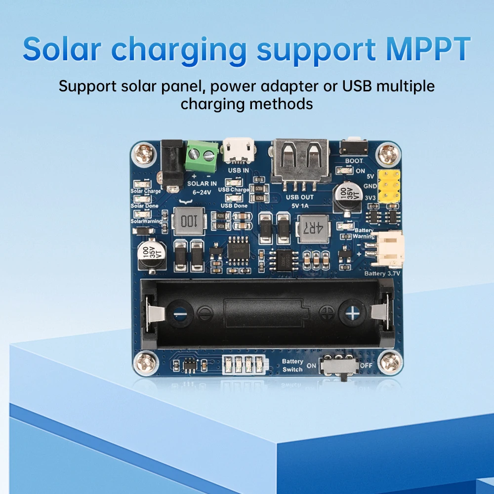 Waveshare Solar Power Manager (D) – MPPT Laderegler, 6–24V Solar Input, 5V/3A Ausgang, Für 3.7V Li-Akku, Mit Type-C & Batteriehalter