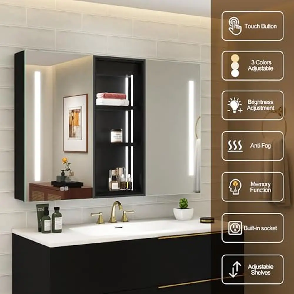 3 Color Adjustment Dimmable LED Mirror Wood Bathroom Medicine Cabinet