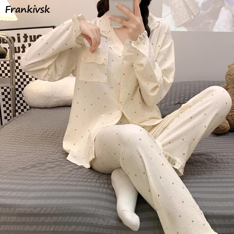 

Polka Dot Pajama Sets Women Colorful Pocket Lovely Japanese Style Home Nighty Spring Exquisite Casual Sleepwear Advanced Suit
