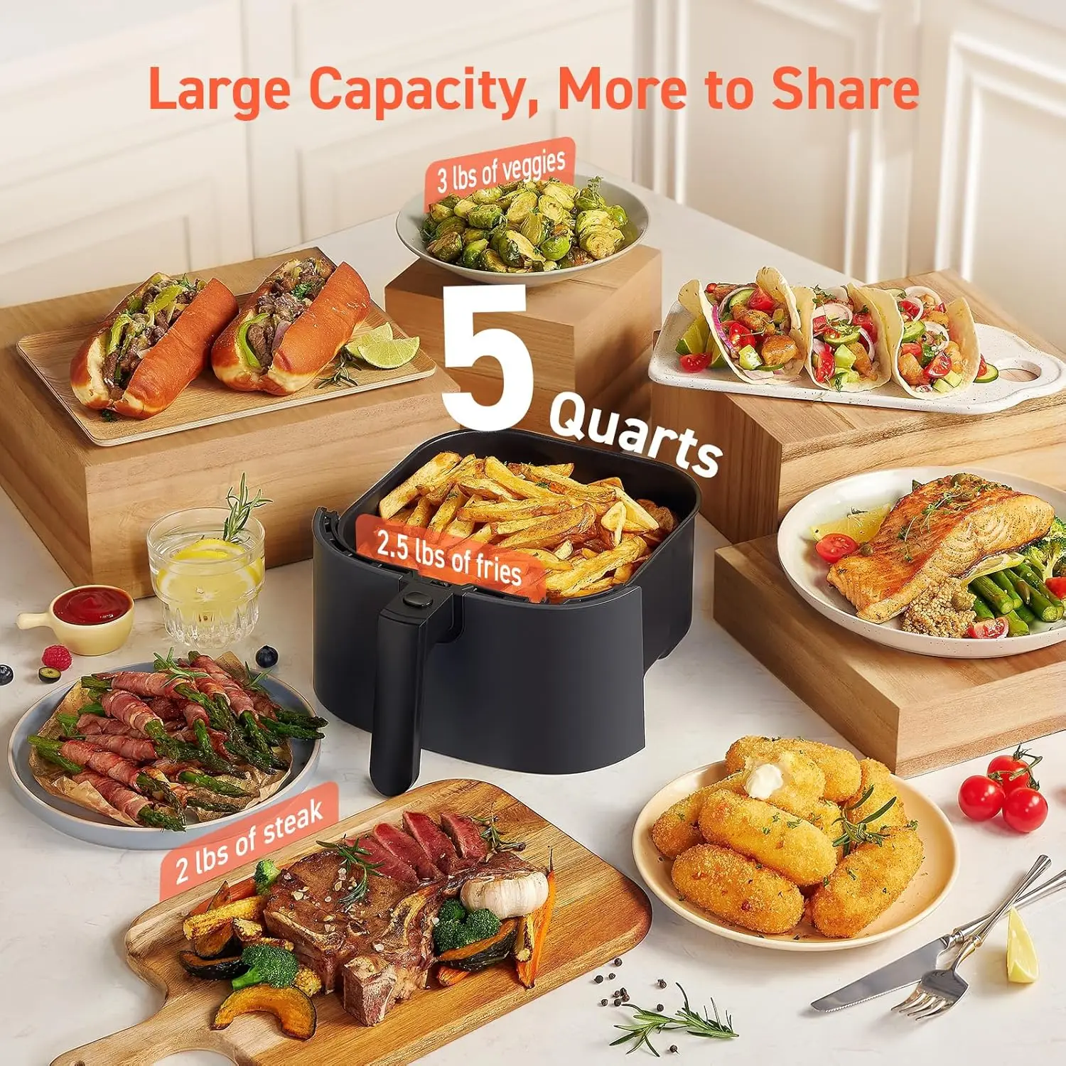 Air Fryer 5 Qt, Max 450F for Juicy Meat, Veggies, Frozen Food, Glass Touch Panel, 130+ In-App Recipes, Little to No Oil, 2