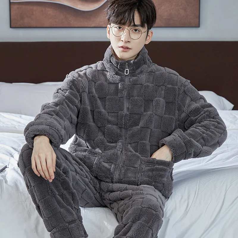 

Sleepwear Pyjamas Autumn Winter Men Pajamas Sets Zipper Long Sleeve Warm Flannel Loungewear Sets Thick Korean Fashion Clothing