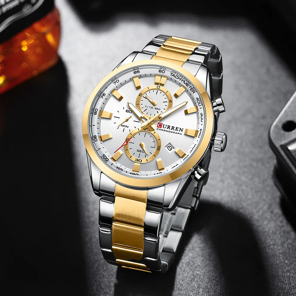 CURREN Casual Sporty Brand Stainless Steel Band Wristwatches for Men  Chronograph Quartz Watches with Date New 8445
