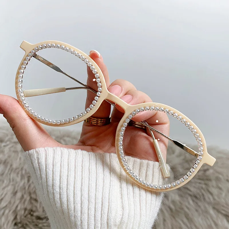 

Anti Radiation Blue Light Blocking Glasses Spectacles Frame Metal For Women Rhinestone Computer Eyewear Round Shaped With Pearl