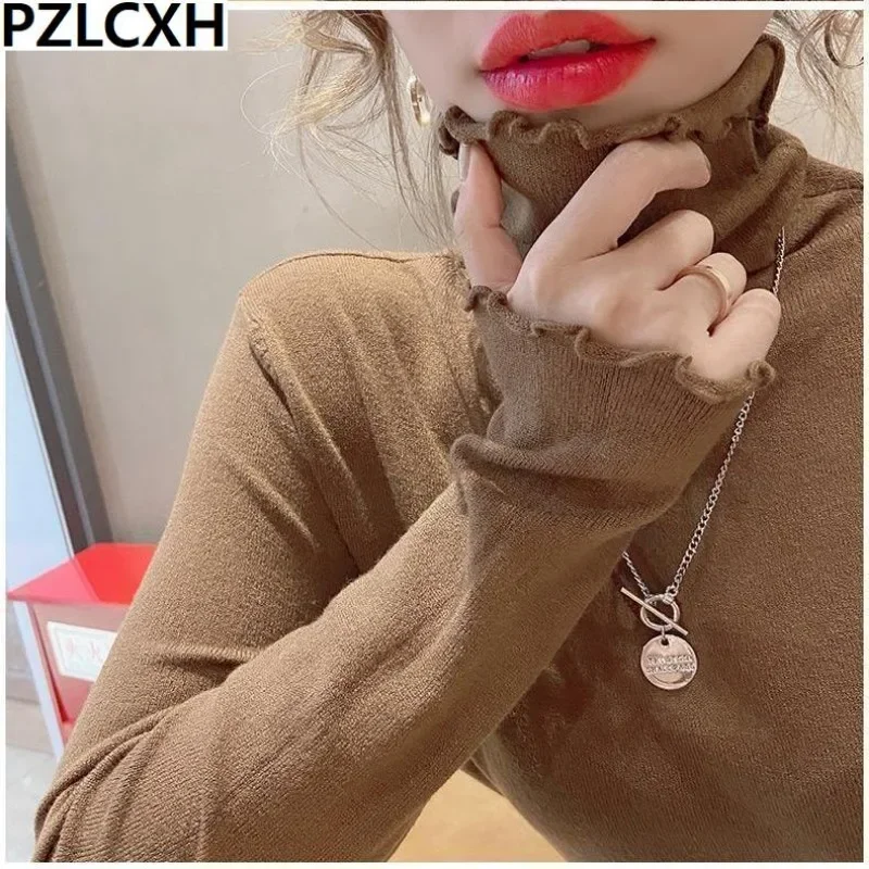 

Mushroom edge high necked sweater women's inner wear, autumn winter 2024 new base sweater slim fit stylish knitted top