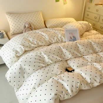 Ensemble de housse de couette en Satin 3 pièces (1 * housse de couette + 2 * taie d'oreiller, sans noyau), parure de lit imprimée à pois noirs, douce et confortable 1