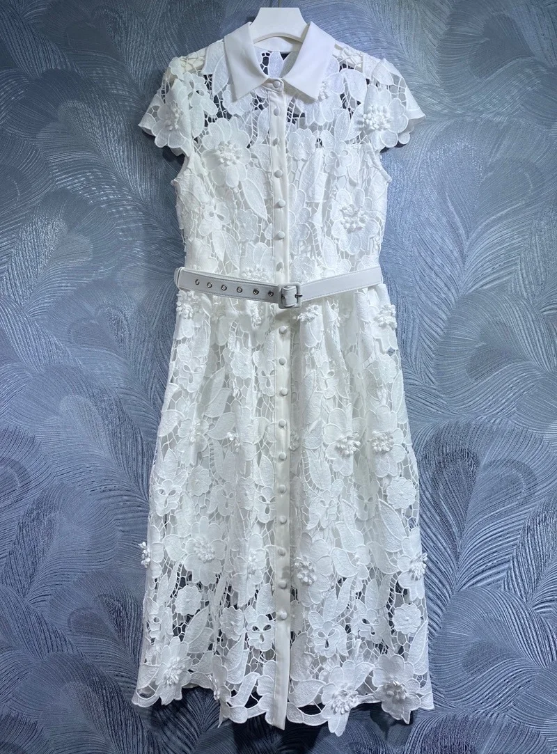 

Newest Fashion Style Summer Dress 2023 High Quality Women Turn-down Collar Allover Crochet Lace Embroidery Flower White Dress