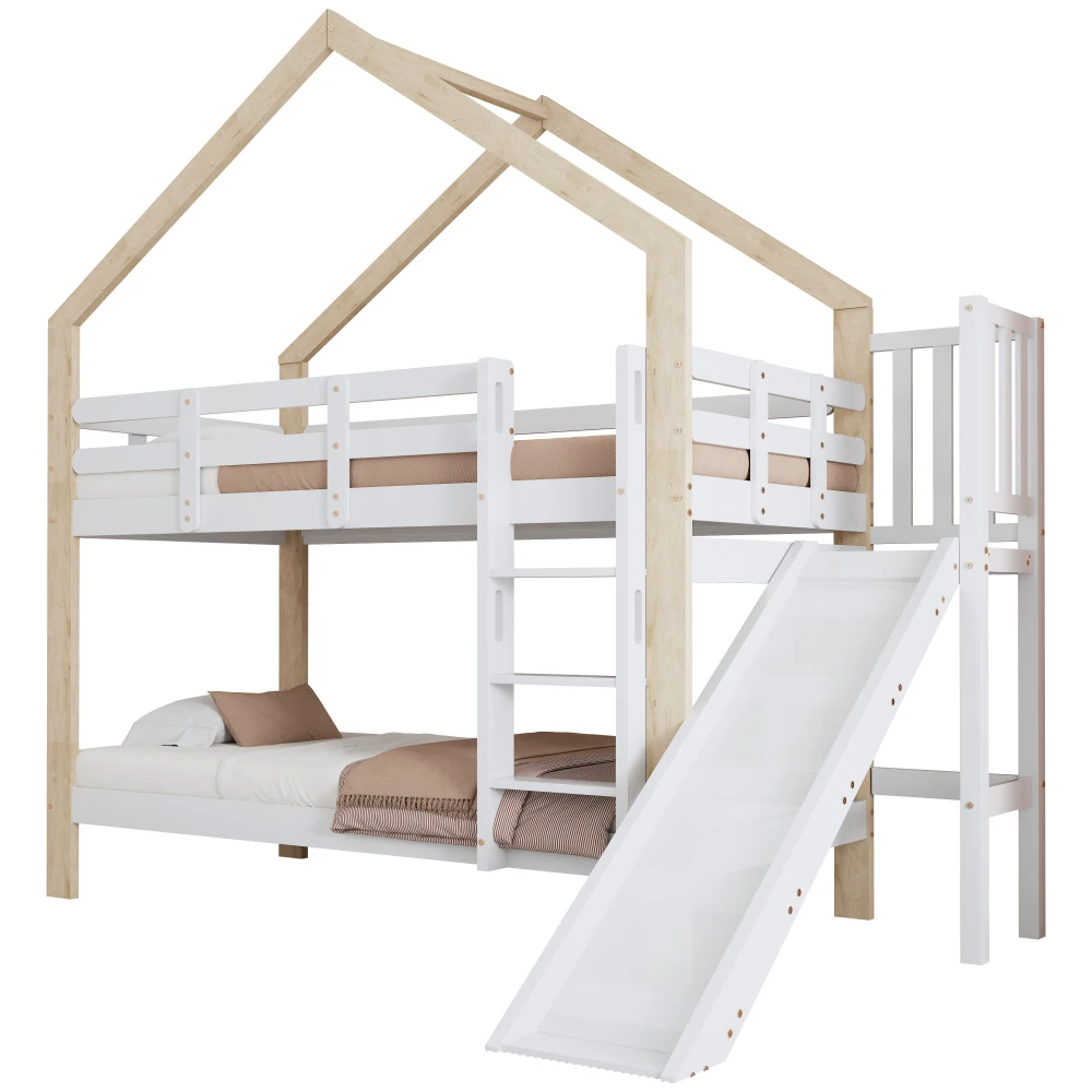 90x200cm Etagenbett mit Rutsche und dreistufiger Winkelrolltreppe, Bett mit Sturzschutz, Kinderbett, Bettrahmen aus Massivholz – Detail 17